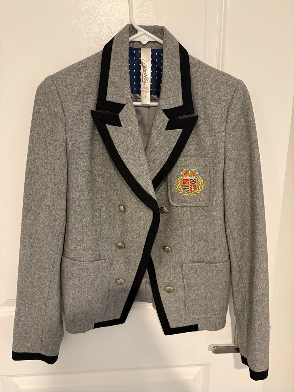 Gray Blazer with Black Trim and Embroidered Crest